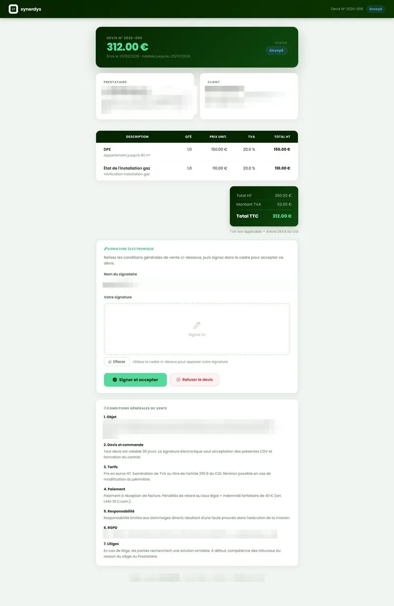 Page publique de signature en ligne d’un devis, accessible par lien unique