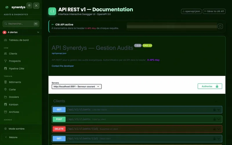 Documentation interactive de l’API REST (Swagger UI) avec la clé API masquée