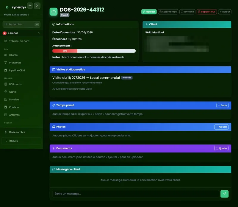 Fiche détaillée d’un dossier d’audit : informations, client, visites, temps passé, documents, messagerie