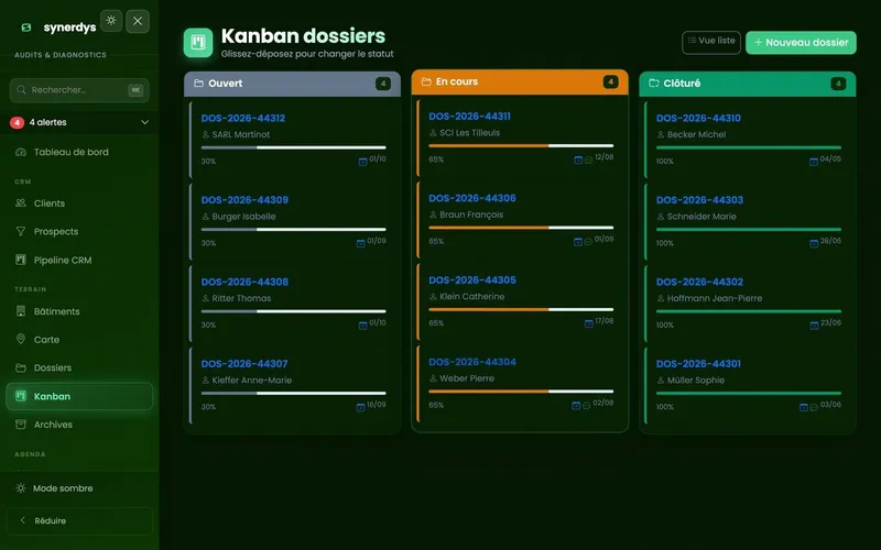 Vue Kanban des dossiers d’audit par statut : ouvert, en cours, clôturé