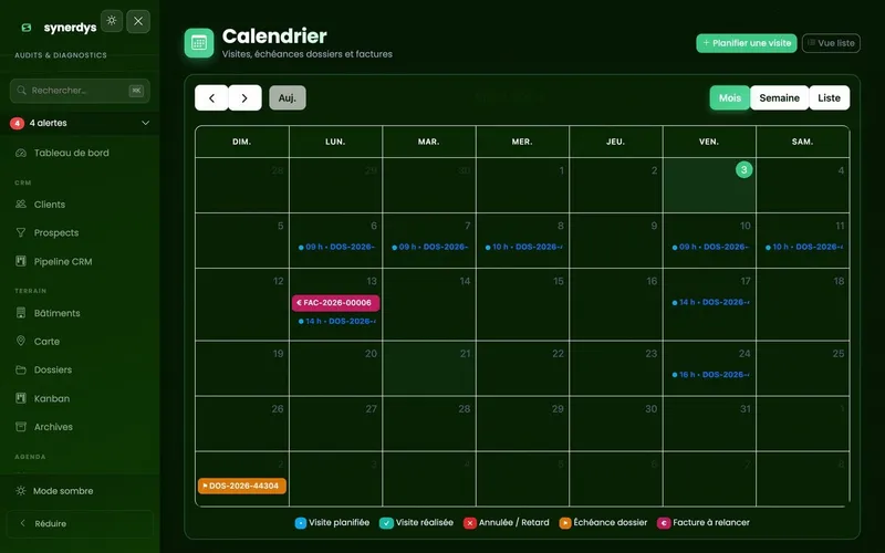 Calendrier mensuel des visites, échéances de dossiers et factures à relancer