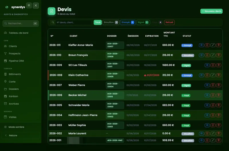 Liste des devis avec filtres par statut : brouillon, envoyé, signé, payé, refusé